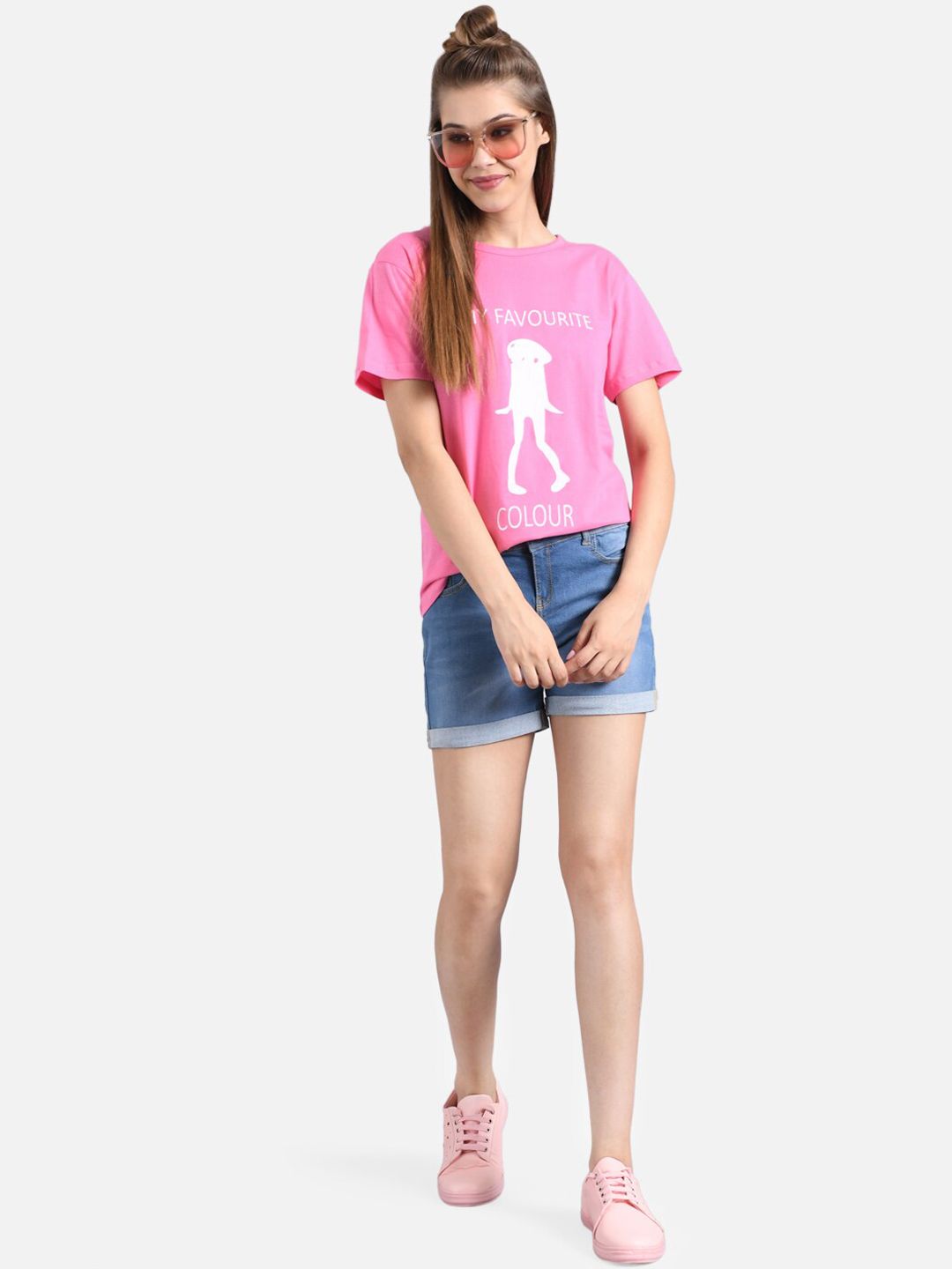 Kotty Women Pink & White Printed Round Neck T-shirt