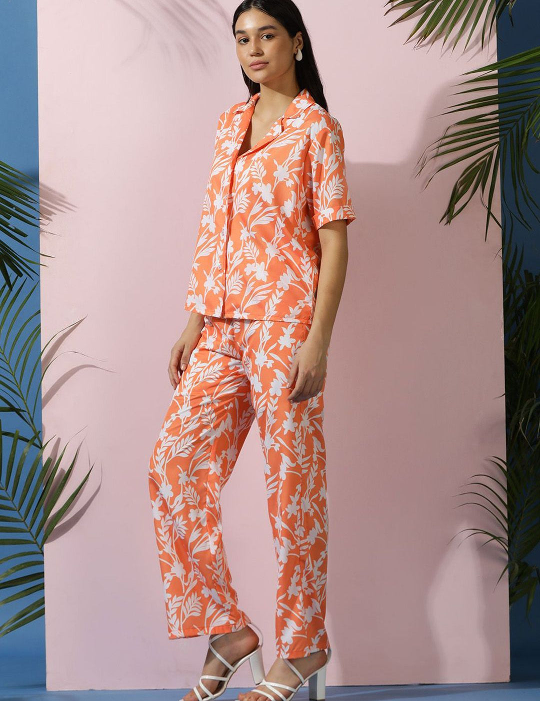 Kotty Orange Floral Printed Shirt Collar Shirt With Trousers  