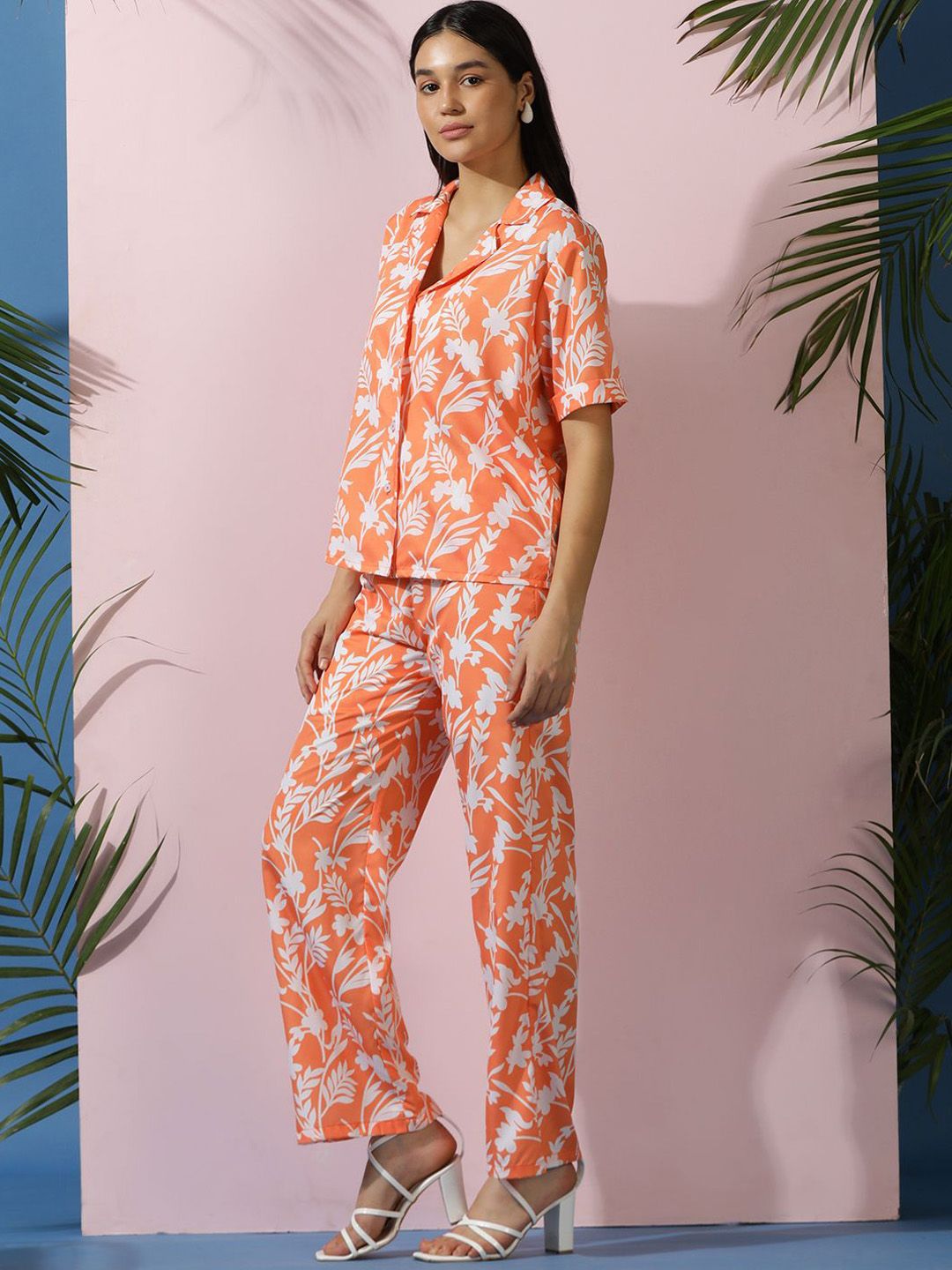 Kotty Orange Floral Printed Shirt Collar Shirt With Trousers  