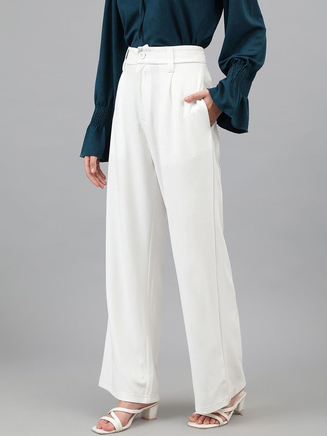 KOTTY BIZwear Women White Relaxed Straight Leg Straight Fit High-Rise Easy Wash Pleated Trousers