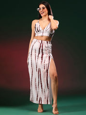 Kotty Beige Tie & Dye Shoulder Straps Top With Skirt