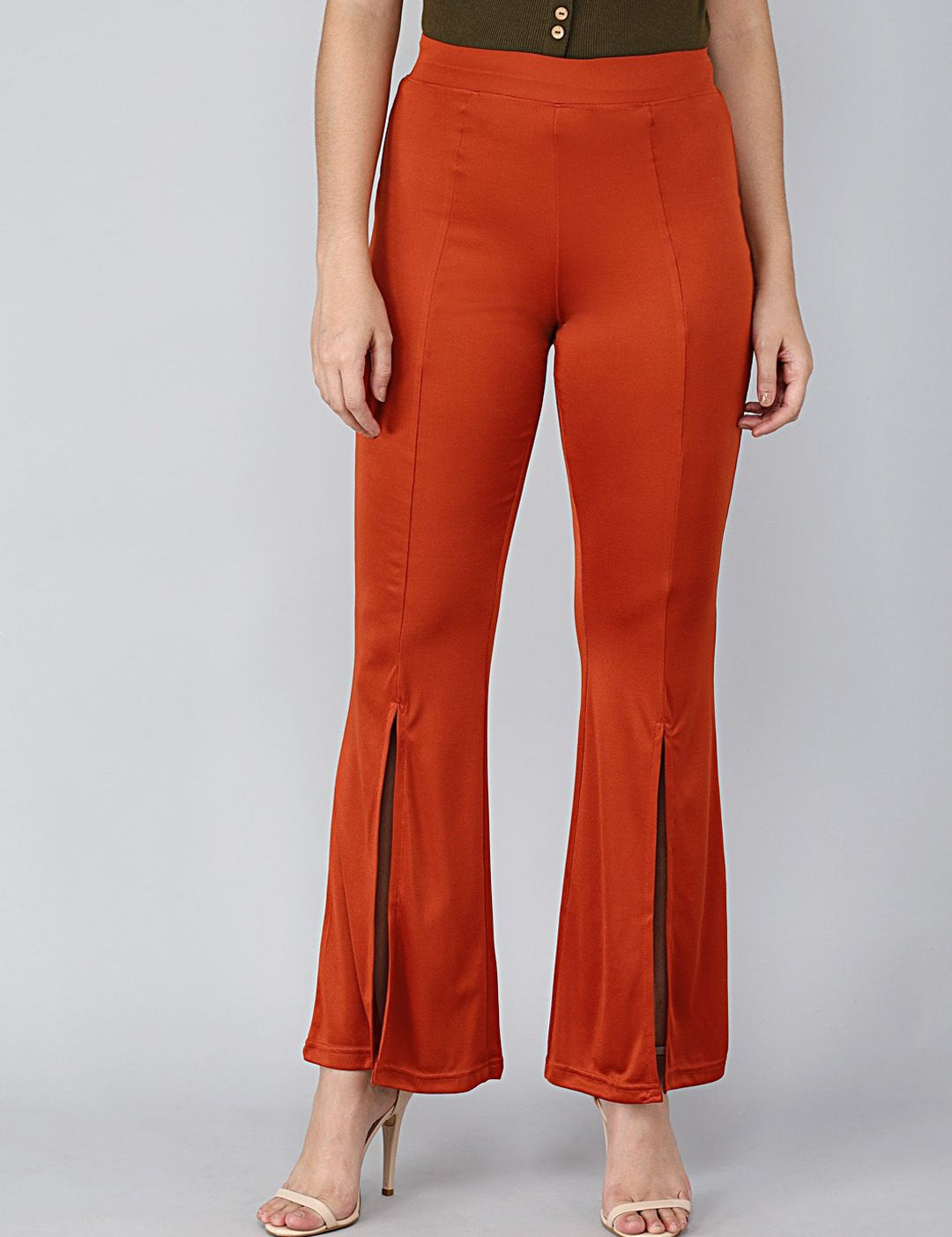 Kotty Women Orange Flared High Rise Bootcut Trousers
