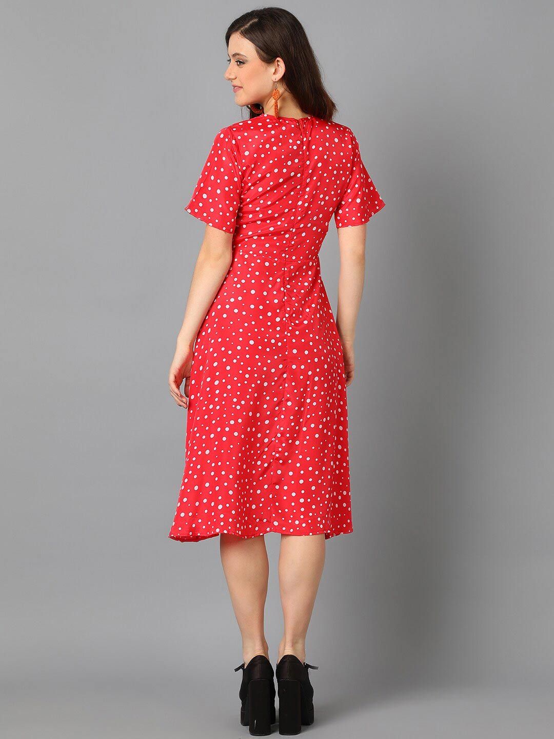 Kotty Red & White Abstract Printed A-Line Midi Dress