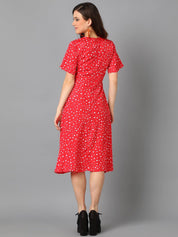 Kotty Red & White Abstract Printed A-Line Midi Dress