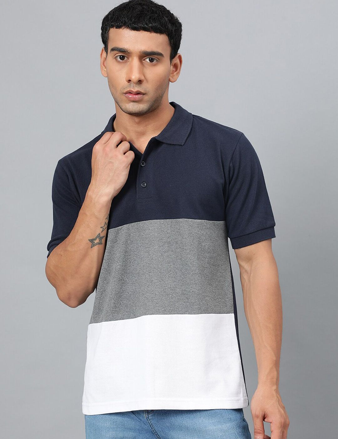 Kotty Navy Blue Grey Colourblocked Polo Collar T-Shirt