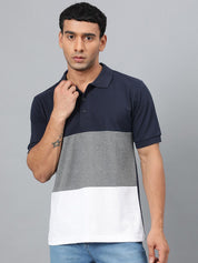 Kotty Navy Blue Grey Colourblocked Polo Collar T-Shirt