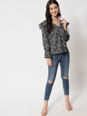Kotty Floral Print Bell Sleeve Ruffles Crepe Top