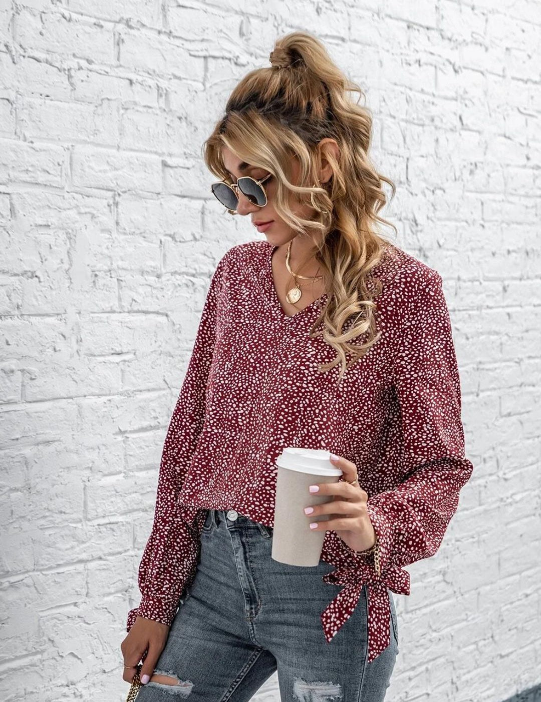 Kotty Abstract Printed Cuffed Sleeves Crepe Top