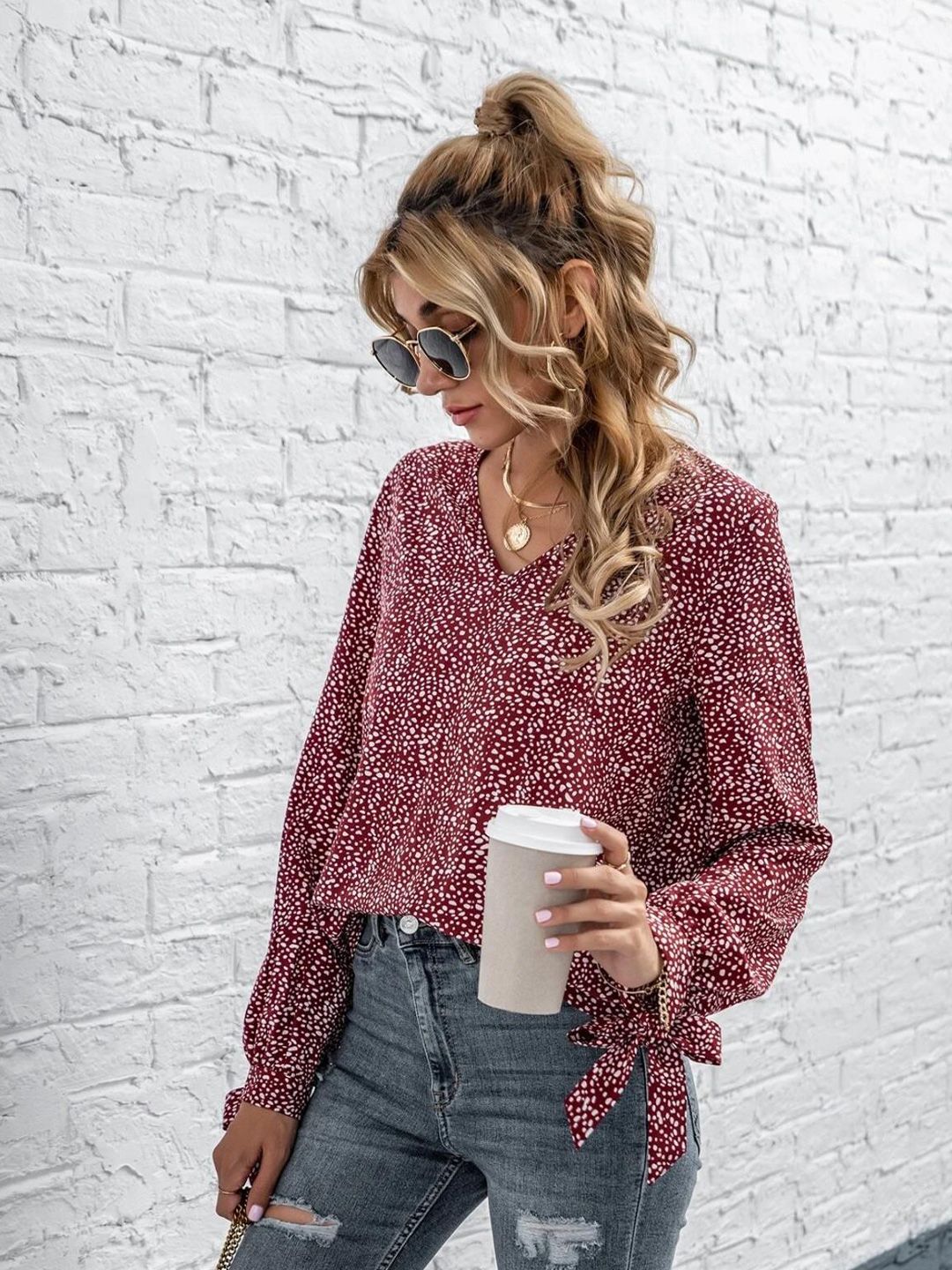 Kotty Abstract Printed Cuffed Sleeves Crepe Top