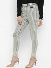 Kotty Women Grey & White Skinny Fit High-Rise Mildly Distressed Striped Jeans
