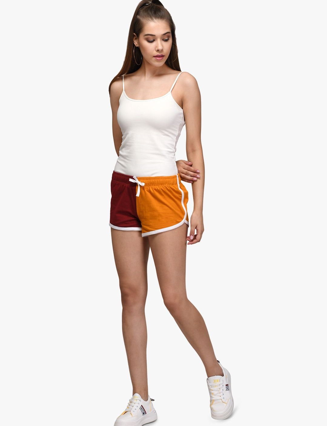 Kotty Women Maroon & Yellow Colourblocked Regular Fit Shorts