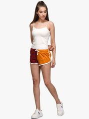 Kotty Women Maroon & Yellow Colourblocked Regular Fit Shorts