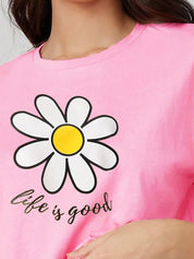 Kotty Round Neck  Drop-Shoulder Sleeves Graphic Printed Oversized Crop T-shirt