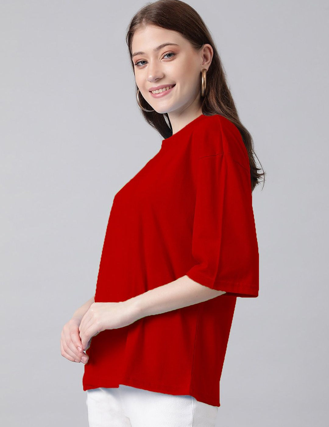 Kotty Red Round Neck Oversized Cotton T-shirt