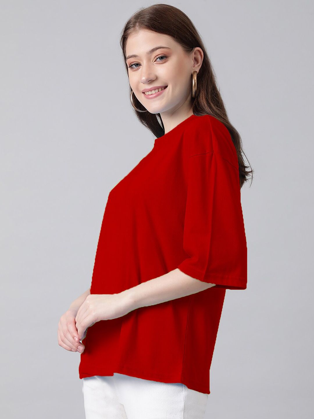 Kotty Red Round Neck Oversized Cotton T-shirt
