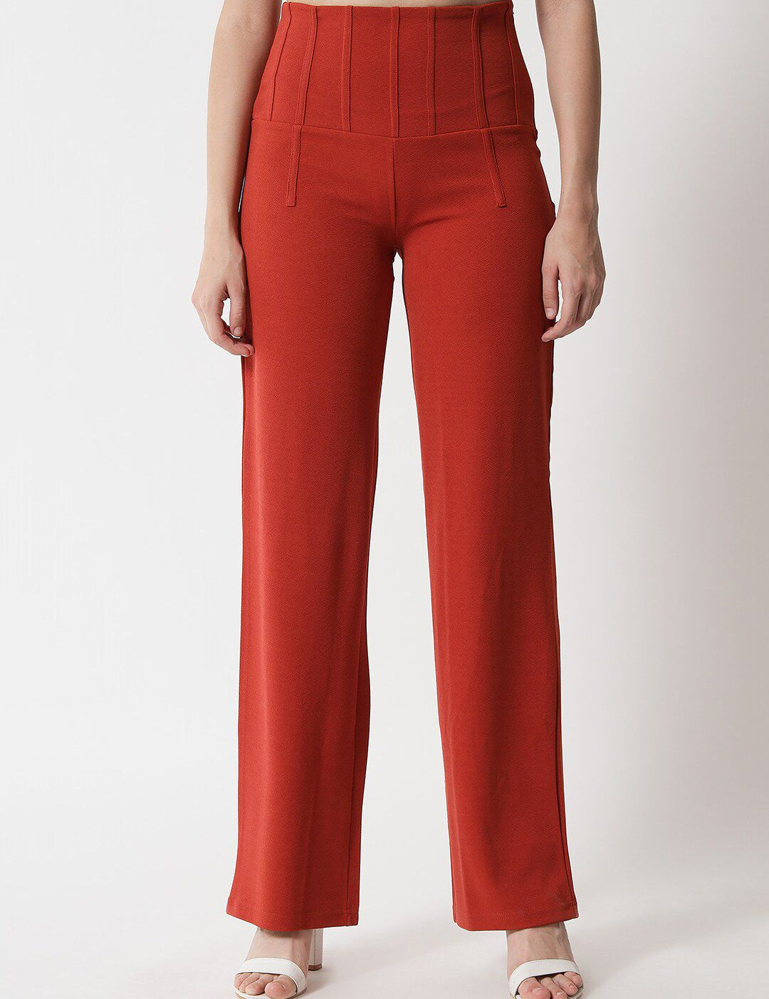 Kotty Women Orange Relaxed Straight Fit High-Rise Easy Wash Trousers