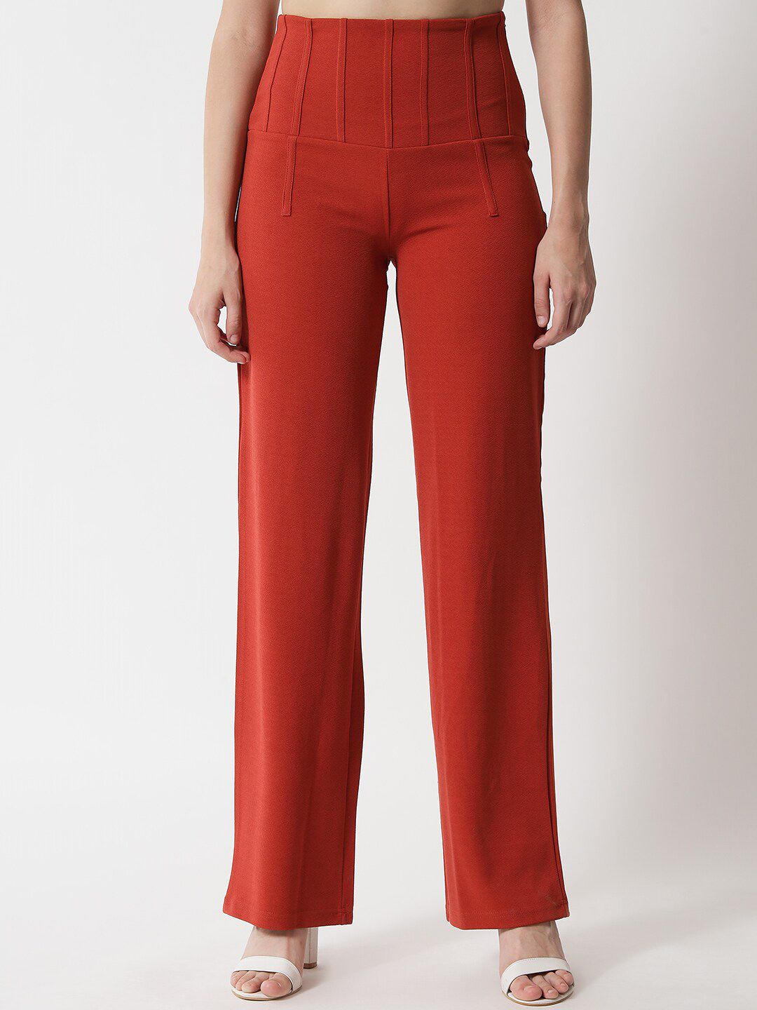 Kotty Women Orange Relaxed Straight Fit High-Rise Easy Wash Trousers