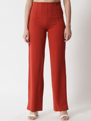 Kotty Women Orange Relaxed Straight Fit High-Rise Easy Wash Trousers