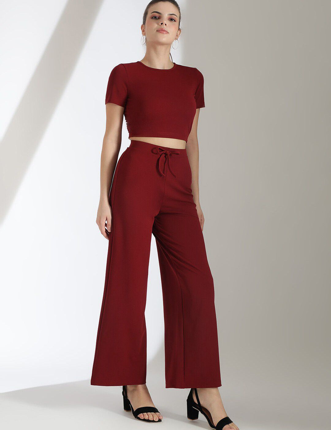 Stylecast X KOTTY Basics Maroon Round-Neck Crop Top And Wide Leg Pant