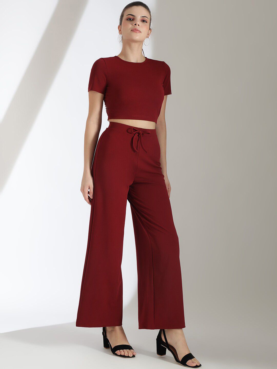 Stylecast X KOTTY Basics Maroon Round-Neck Crop Top And Wide Leg Pant