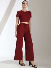 Stylecast X KOTTY Basics Maroon Round-Neck Crop Top And Wide Leg Pant