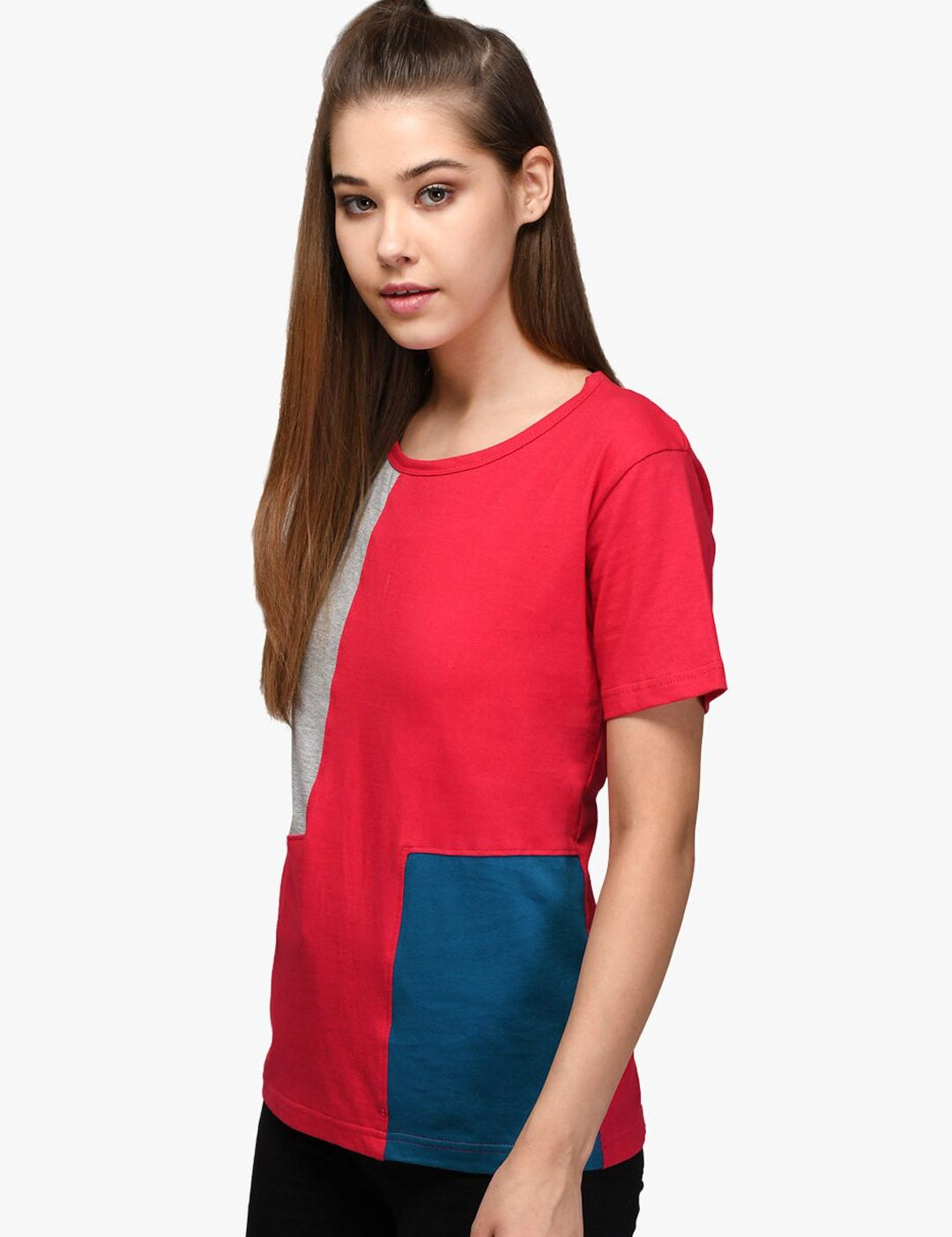 Kotty Women Red & Grey Colourblocked Round Neck T-shirt