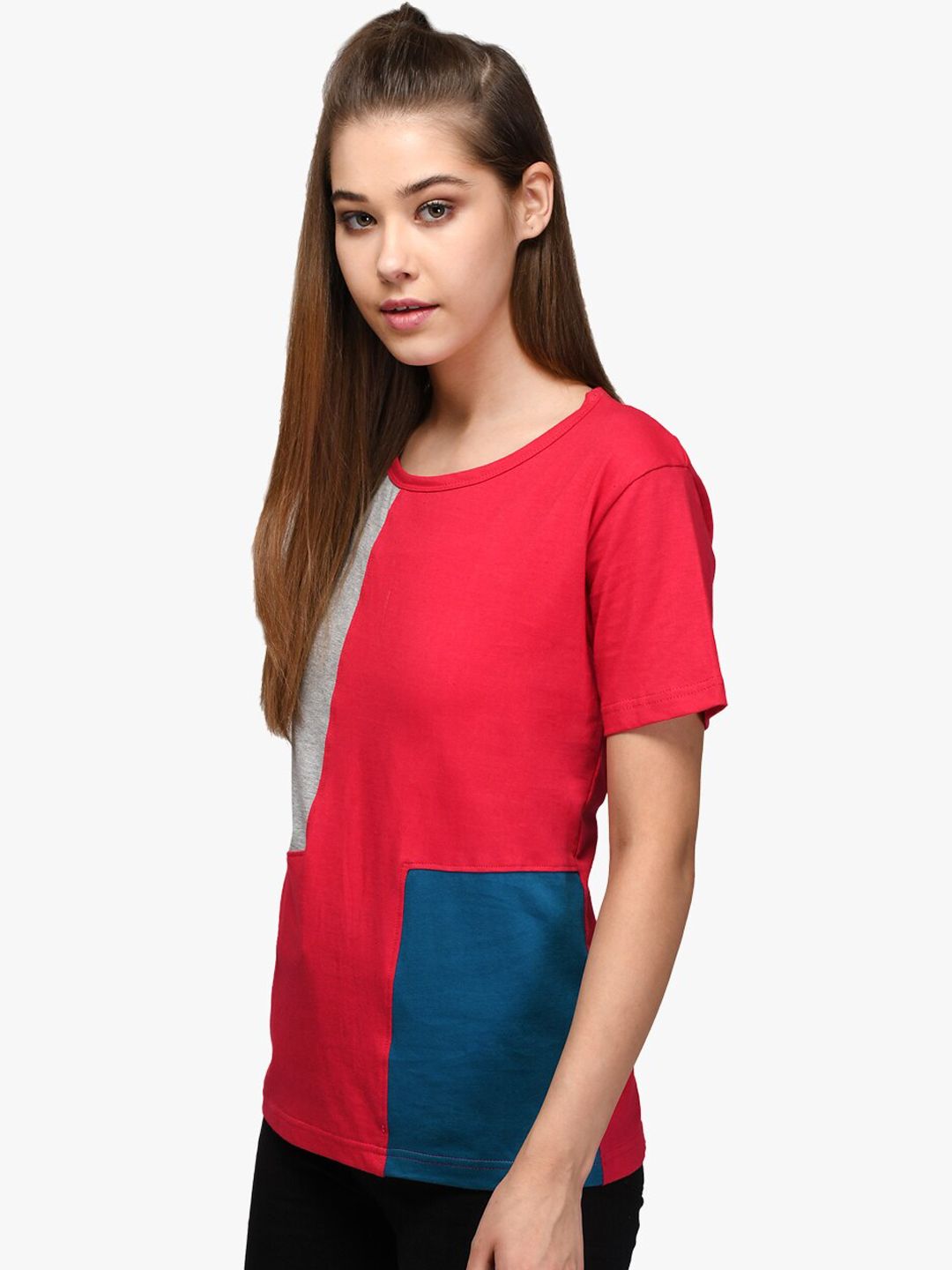 Kotty Women Red & Grey Colourblocked Round Neck T-shirt