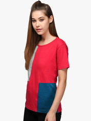 Kotty Women Red & Grey Colourblocked Round Neck T-shirt