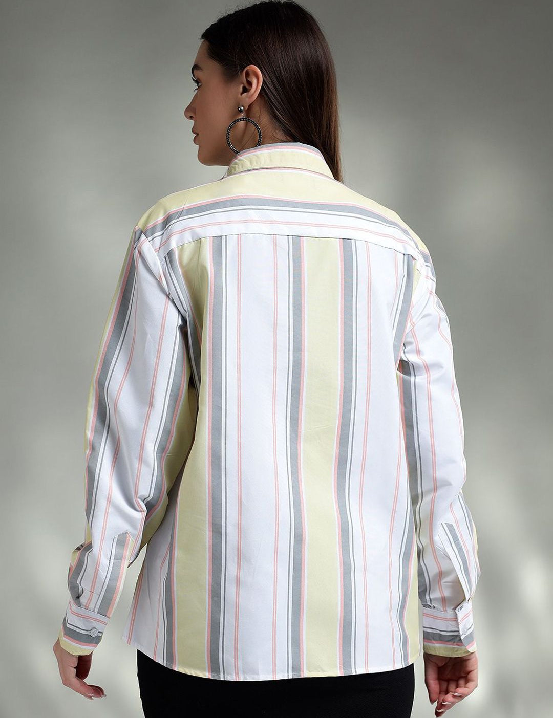 Kotty Women Spread Collar Vertical Striped Cotton Oversized Casual Shirt