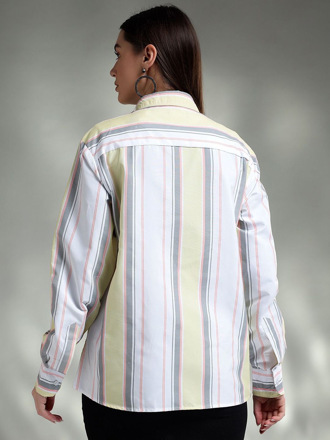 Kotty Women Spread Collar Vertical Striped Cotton Oversized Casual Shirt