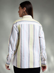 Kotty Women Spread Collar Vertical Striped Cotton Oversized Casual Shirt