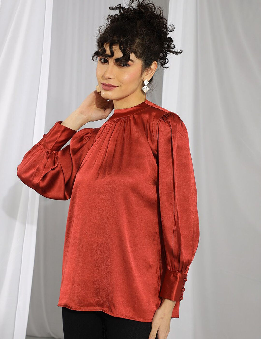 KOTTY BIZwear Rust-Coloured High Neck Bishop Sleeves Gathered Detail Satin Top