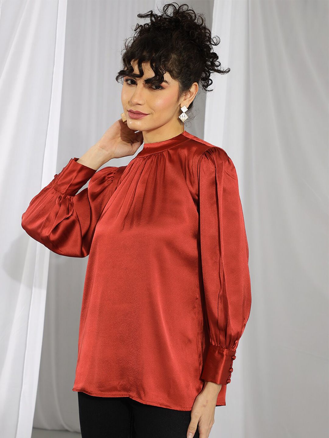 KOTTY BIZwear Rust-Coloured High Neck Bishop Sleeves Gathered Detail Satin Top