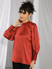 KOTTY BIZwear Rust-Coloured High Neck Bishop Sleeves Gathered Detail Satin Top