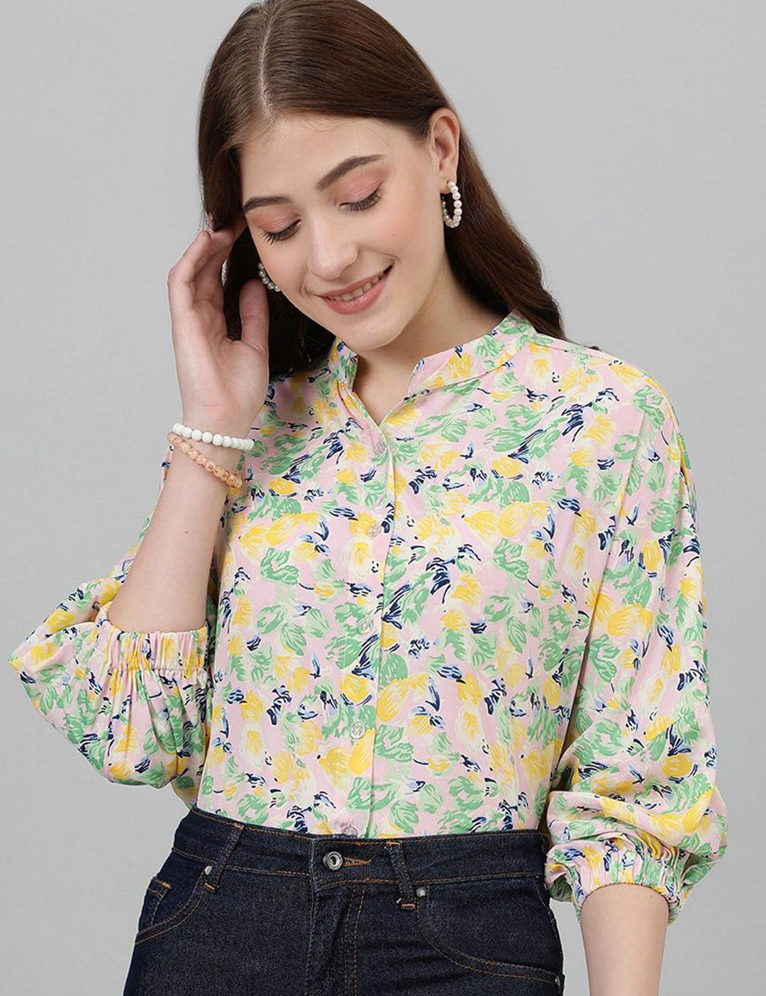 Kotty Yellow & Pink Floral Printed Mandarin Collar Puff Sleeves Crepe Casual Shirt