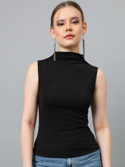 Kotty Black High Neck Sleeveless Fitted Top