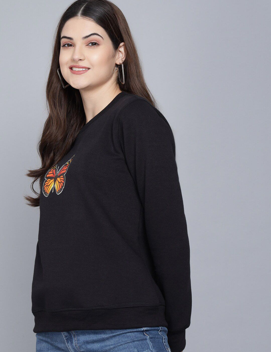 Kotty Women Black Printed Round Neck Sweatshirt