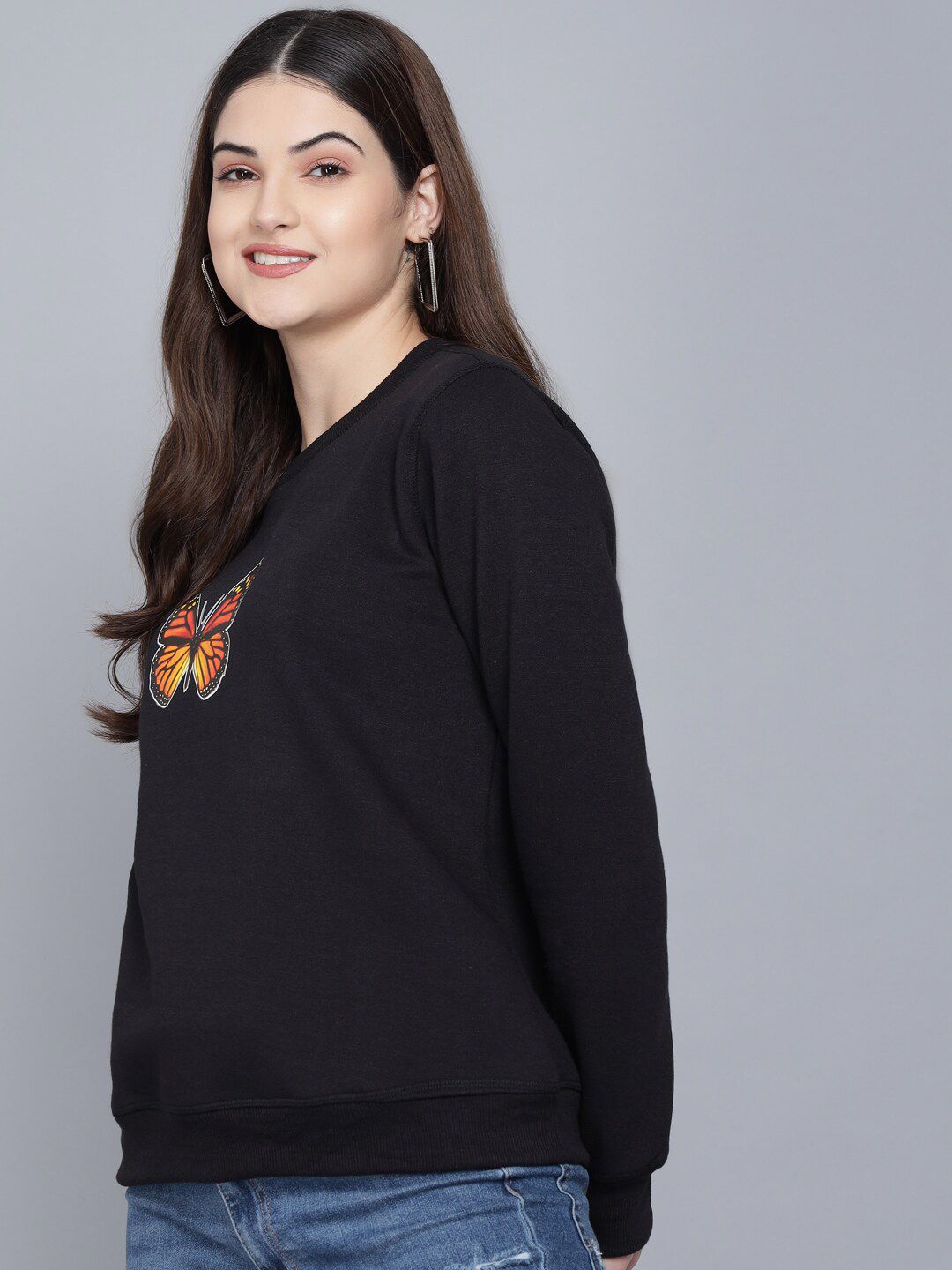 Kotty Women Black Printed Round Neck Sweatshirt