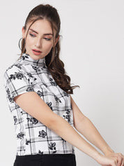 Kotty Women White & Black Floral Printed Cotton Blend Top