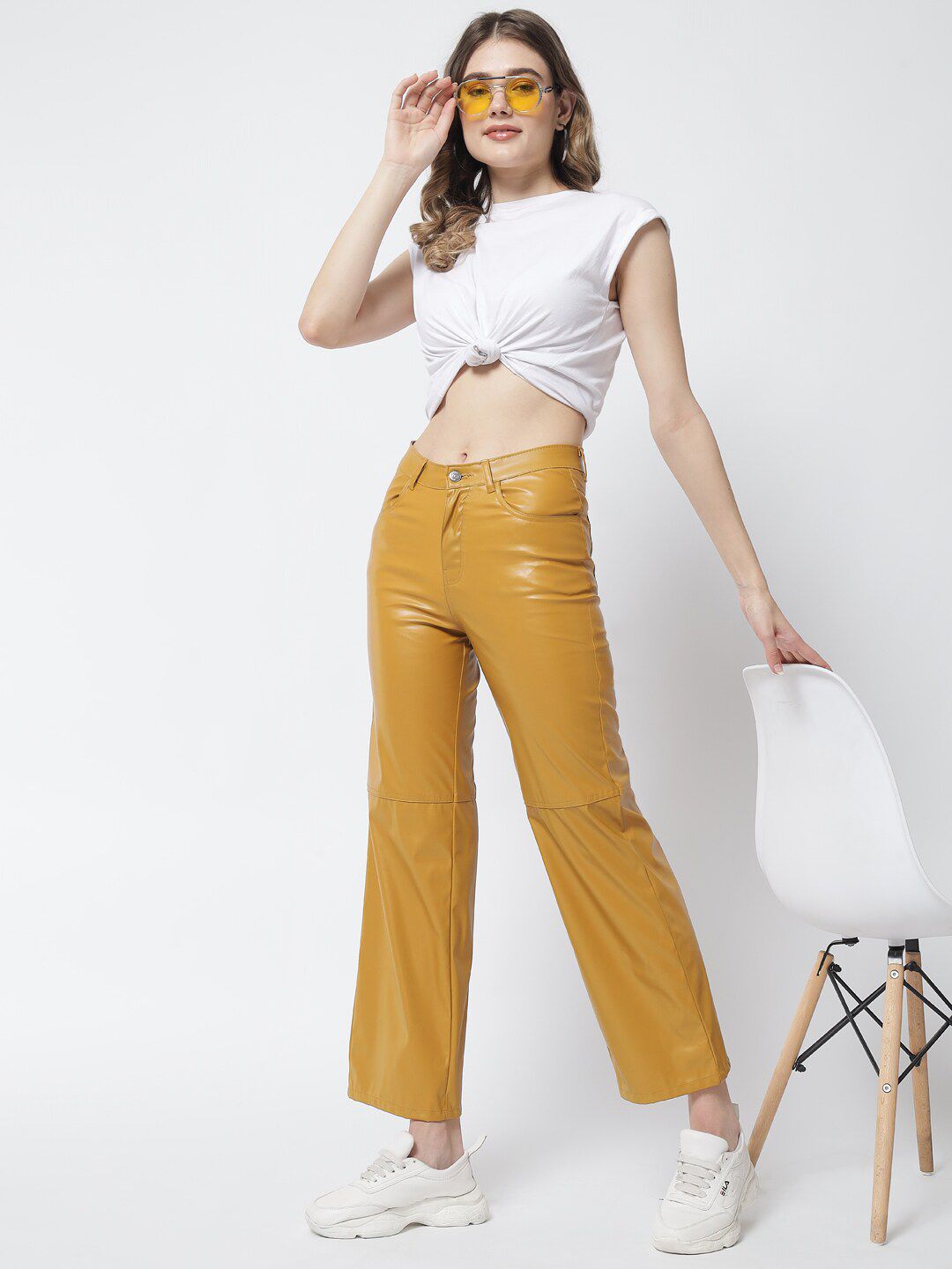 Kotty Women Yellow Solid Relaxed Straight Fit Leather Trousers