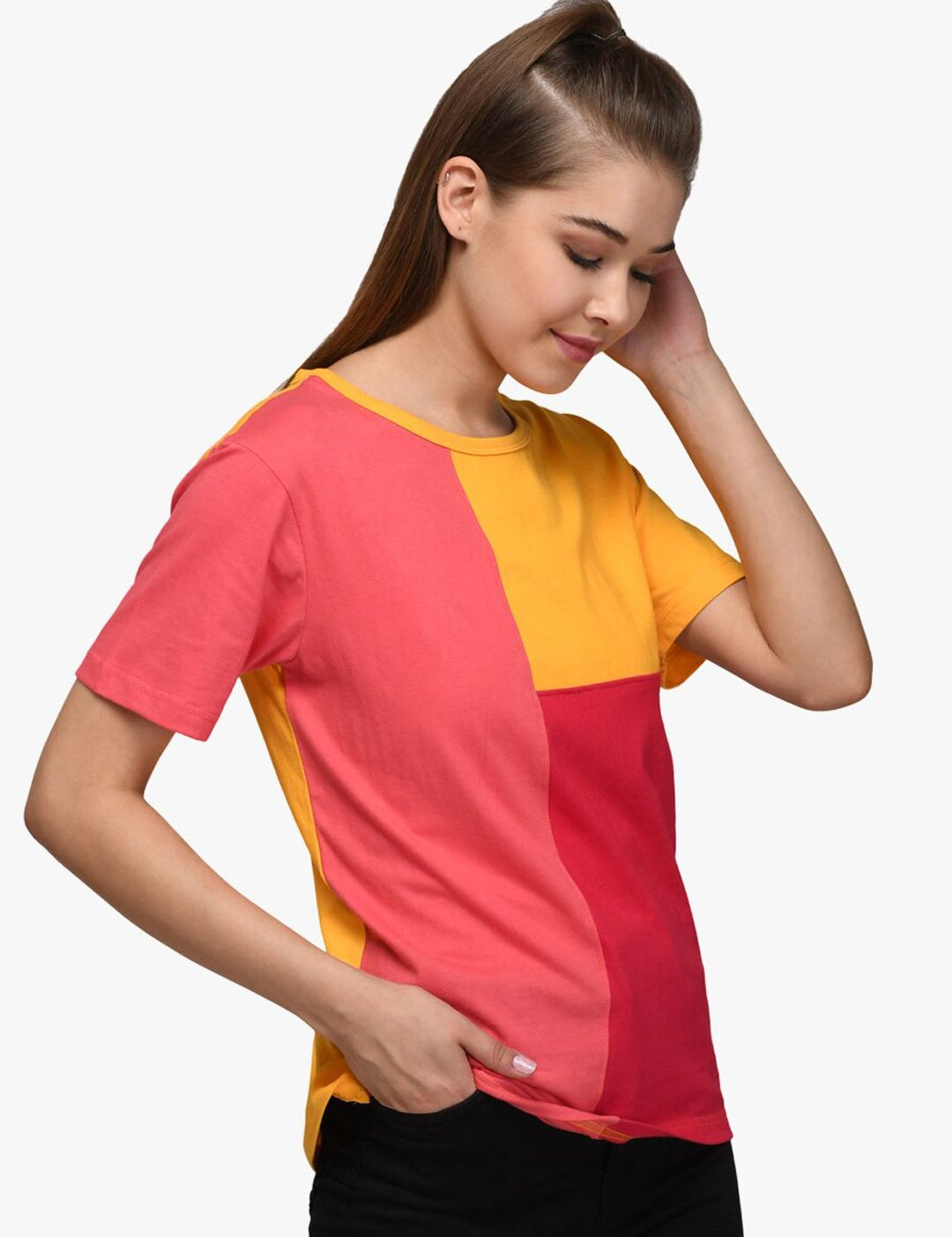 Kotty Women Yellow & Red Colourblocked Boat Neck T-shirt
