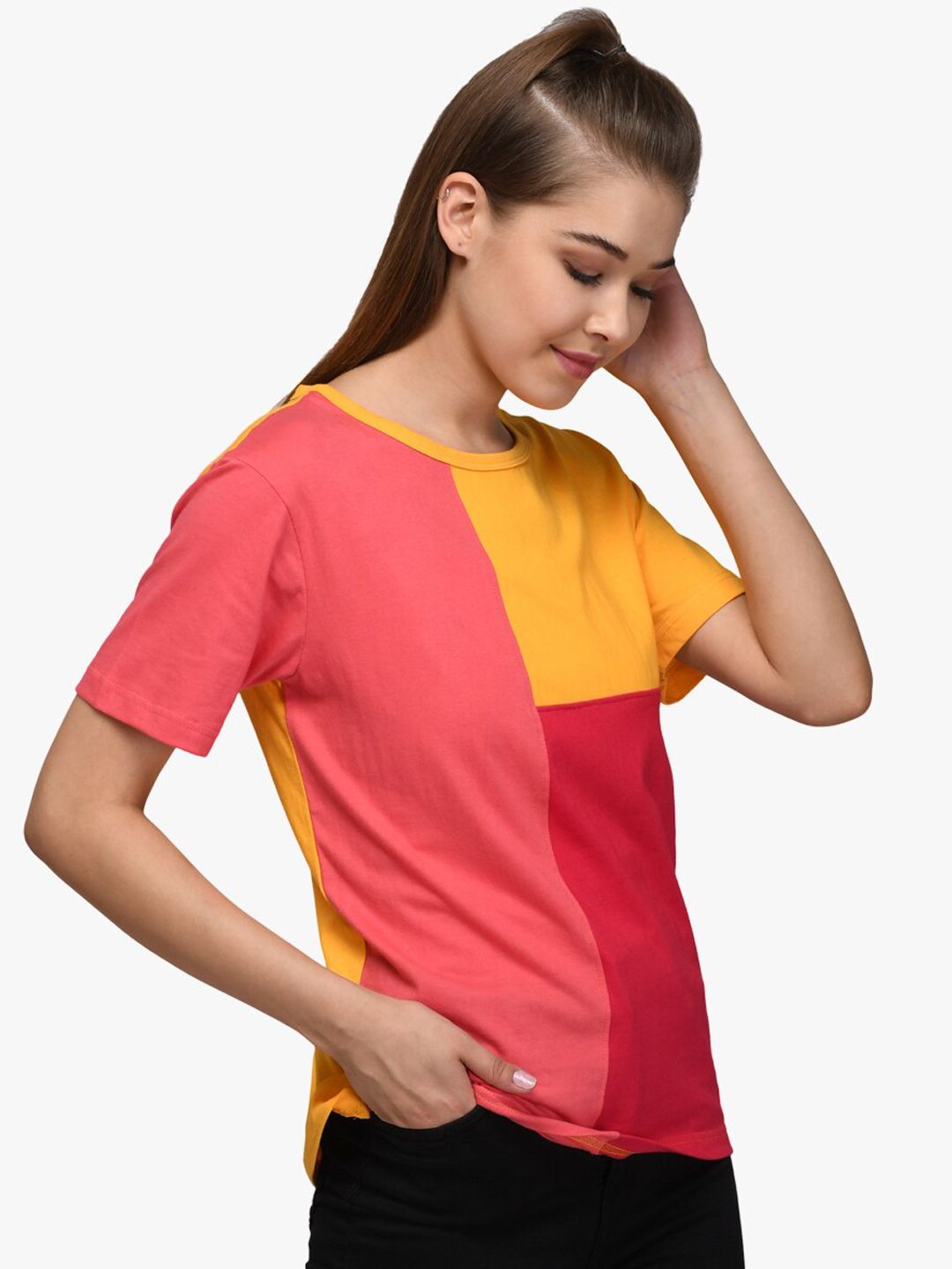 Kotty Women Yellow & Red Colourblocked Boat Neck T-shirt