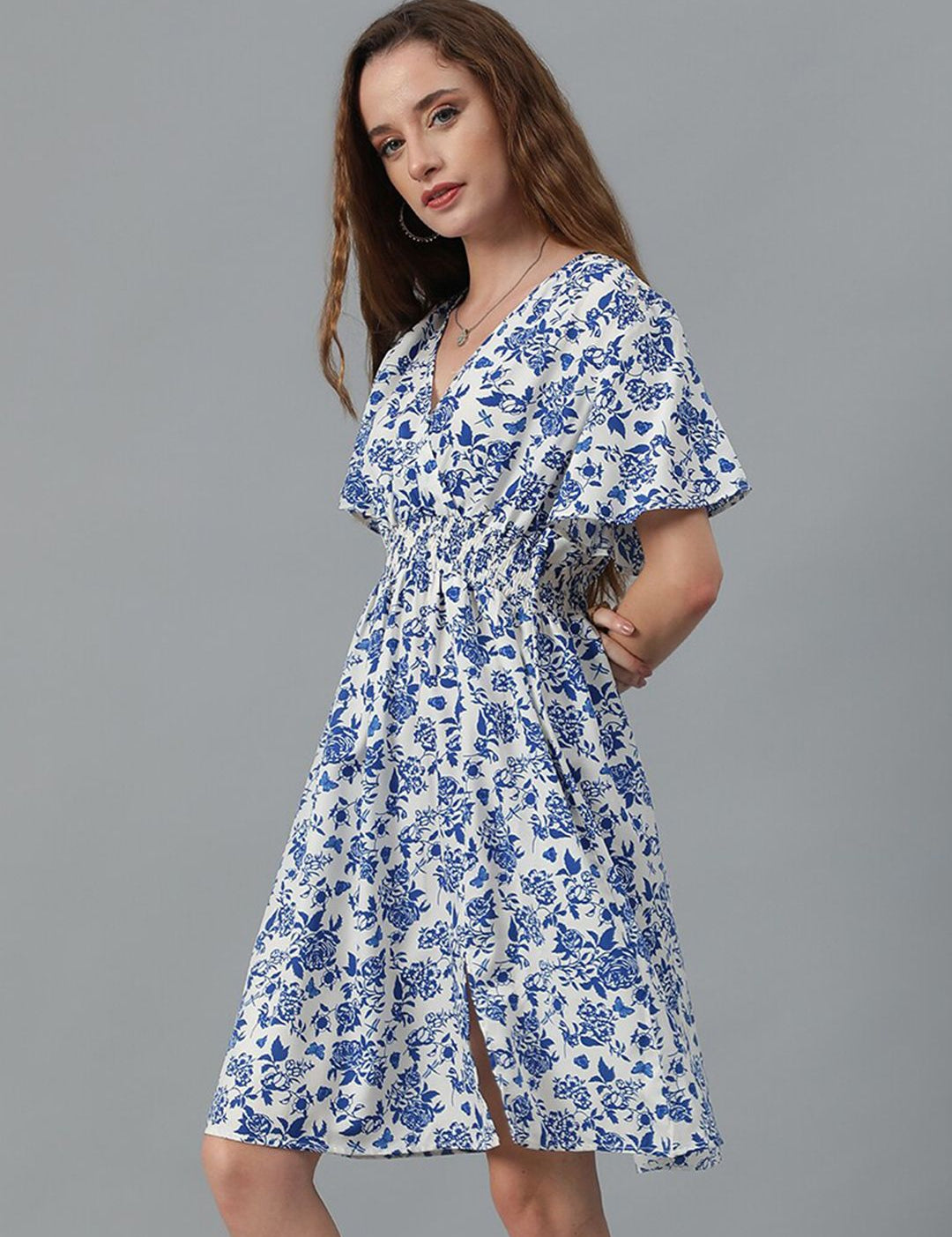 Kotty White & Blue Floral Printed Flared Sleeves Crepe Smocked Fit & Flare Dress