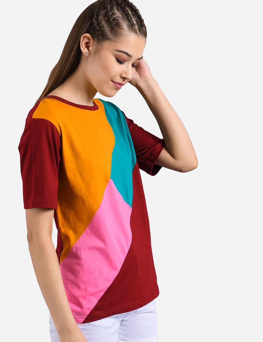 Kotty Women Multicoloured Colourblocked V-Neck T-shirt