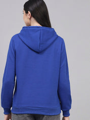 Kotty Women Blue Printed Fleece Hooded Sweatshirt