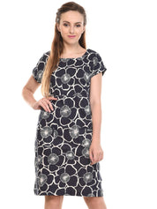 Kotty Floral Printed Boat Neck Extended Sleeves A-Line Dress