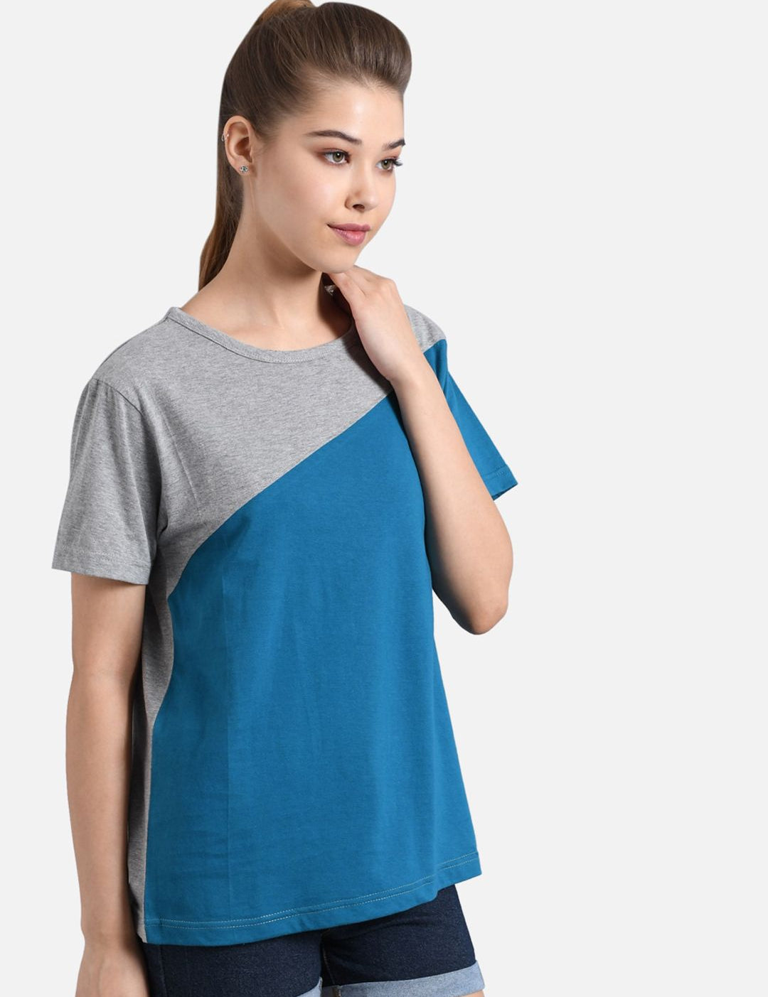 Kotty Women Blue & Grey Colourblocked Round Neck T-shirt