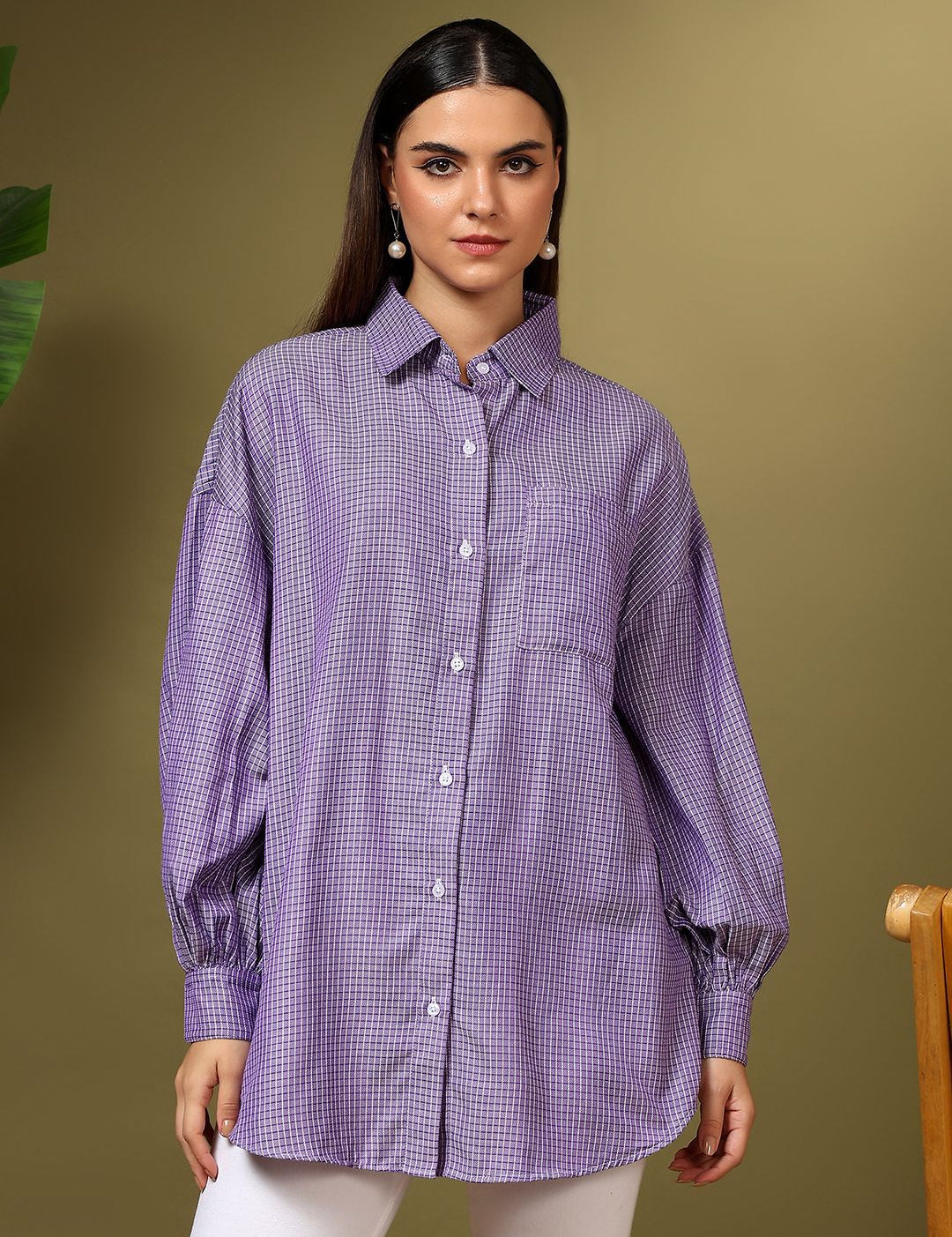 Kotty Women Oversized Fit Spread Collar Micro Checked Cotton Casual Shirt