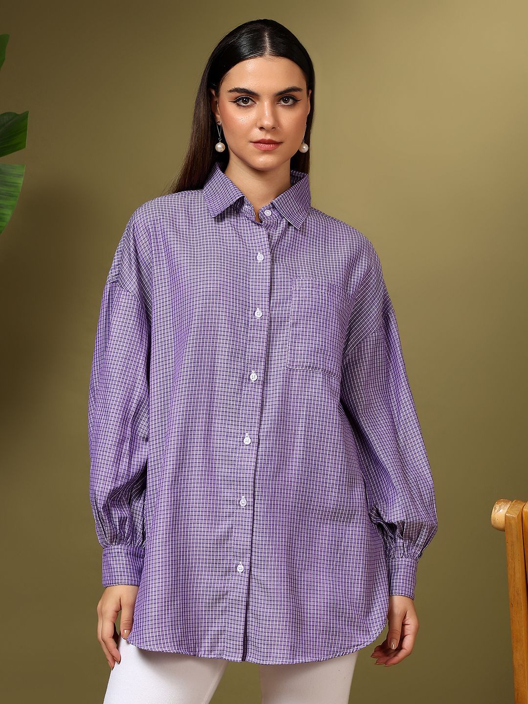 Kotty Women Oversized Fit Spread Collar Micro Checked Cotton Casual Shirt