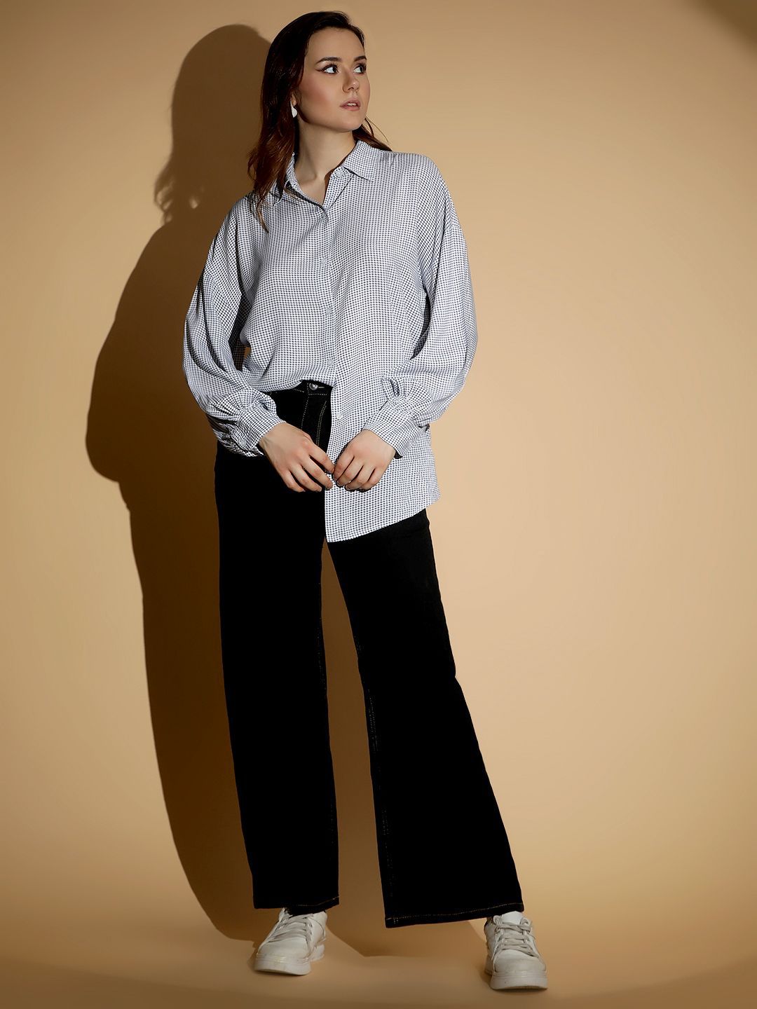 KOTTY BIZwear Women Spread Collar Micro Ditsy Striped Cotton Oversized Casual Shirt